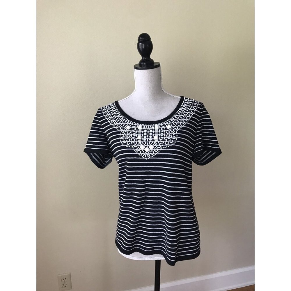 ST JOHN RT 11 GRP 3 Striped Beaded Top/Shirt M